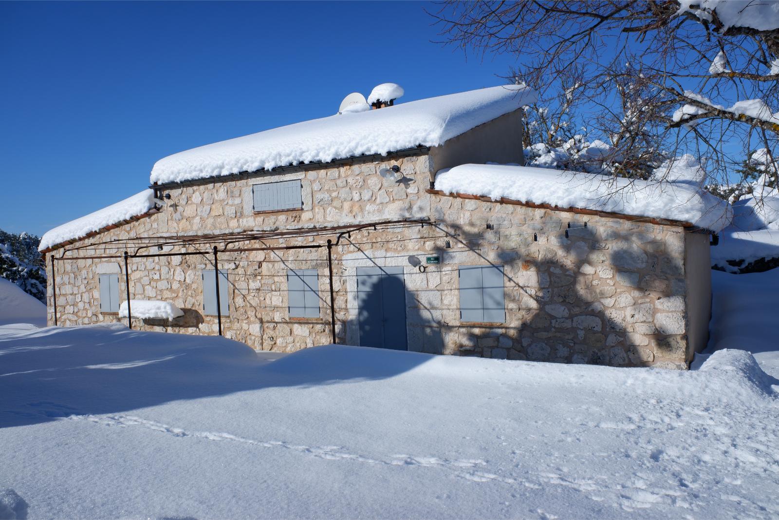Friday January 8th 2021, Plateau de Caussols, South of France, Pretty Stone House amid the snow